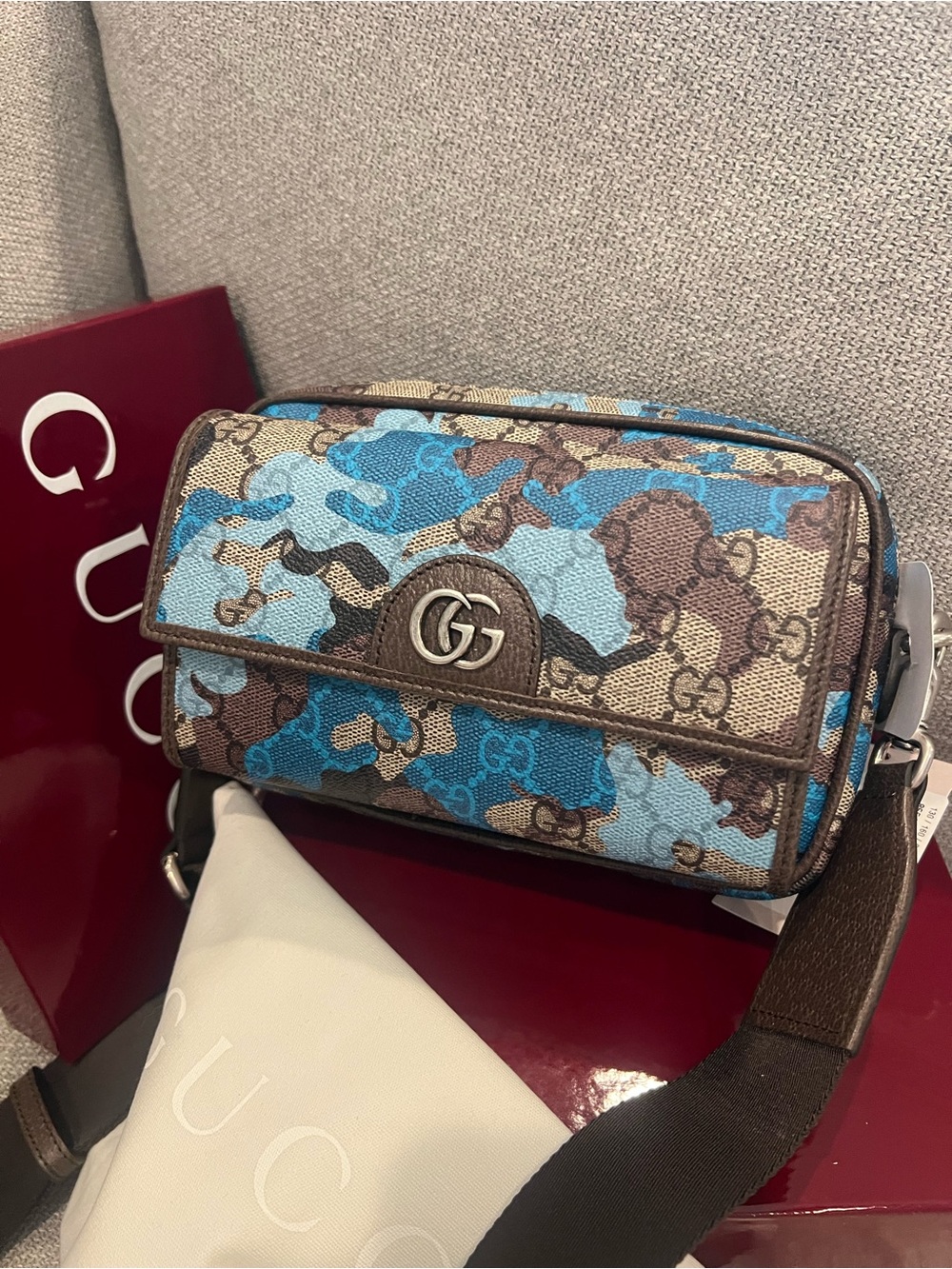 New Gucci Brown and Blue GG Supreme Camouflage Crossbody Bag